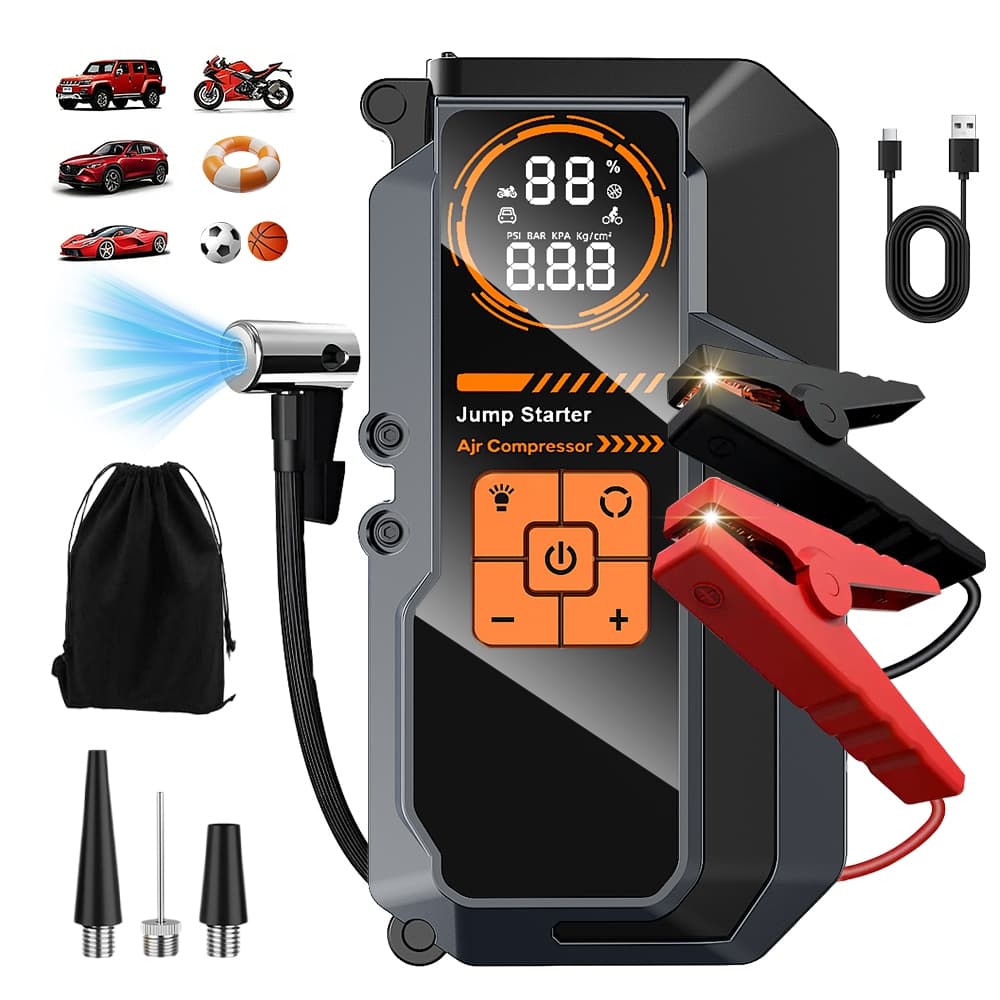 Auxiliar Partida Bateria Compressor Ar Emergência Portátil,20000mAh Auxiliar De Partida Bateria Veicular Com Power Bank