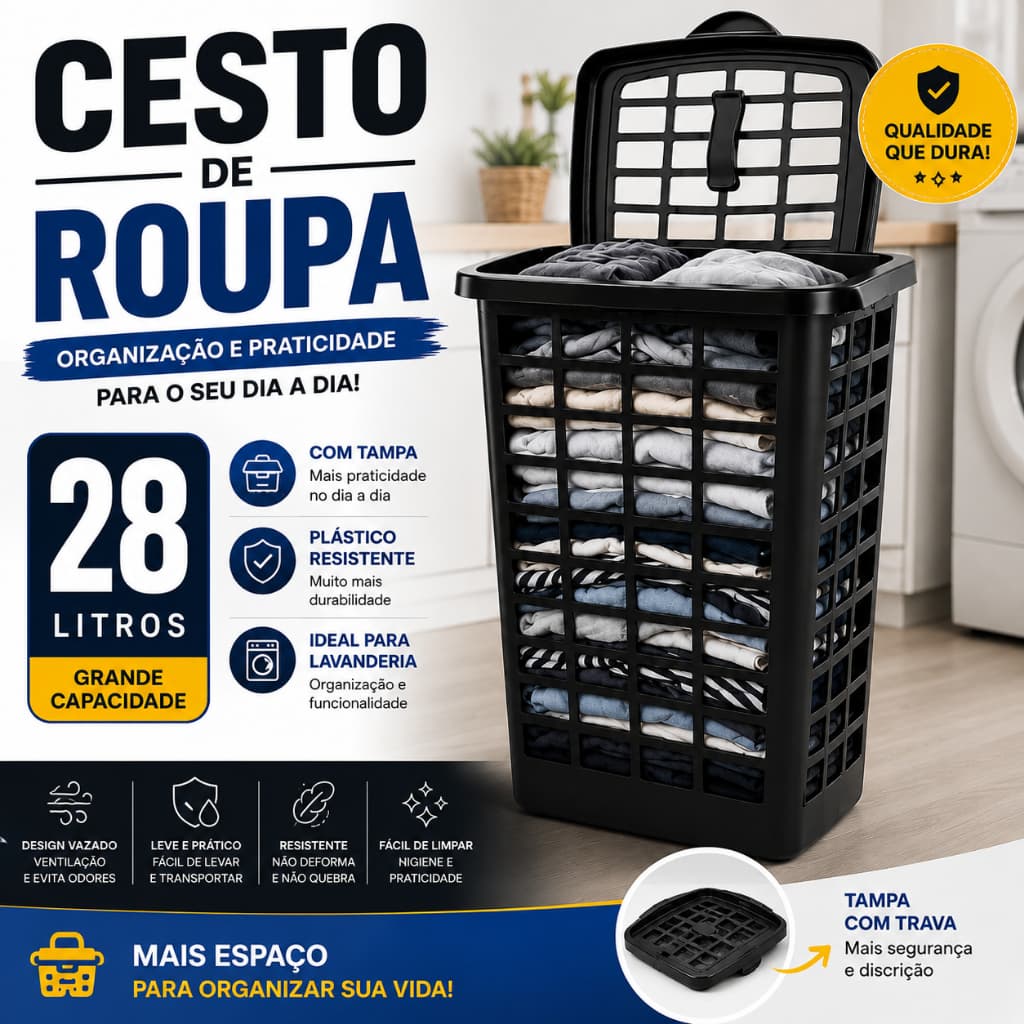 Cesto Organizador de Roupas 28L com Tampa Grande Resistente para Roupa Suja Banheiro Lavanderia
