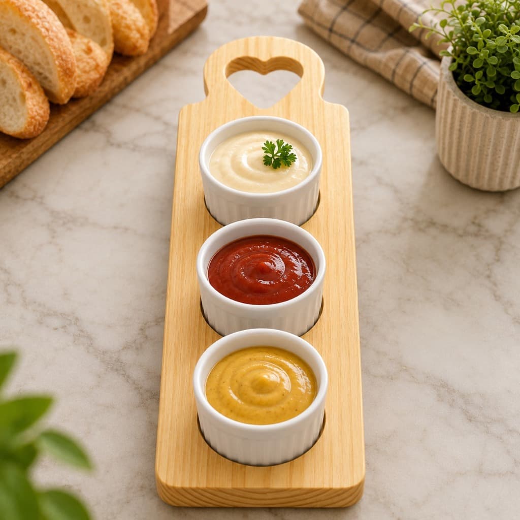 Kit Para Molhos Tábua Madeira Pinus Com Trio De Ramequim Branco de Porcelana