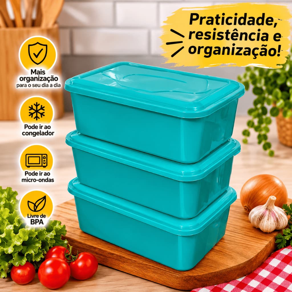 Kit 3 Potes Organizadores 4L Retangular com Tampa para Armazenar Alimentos Cozinha