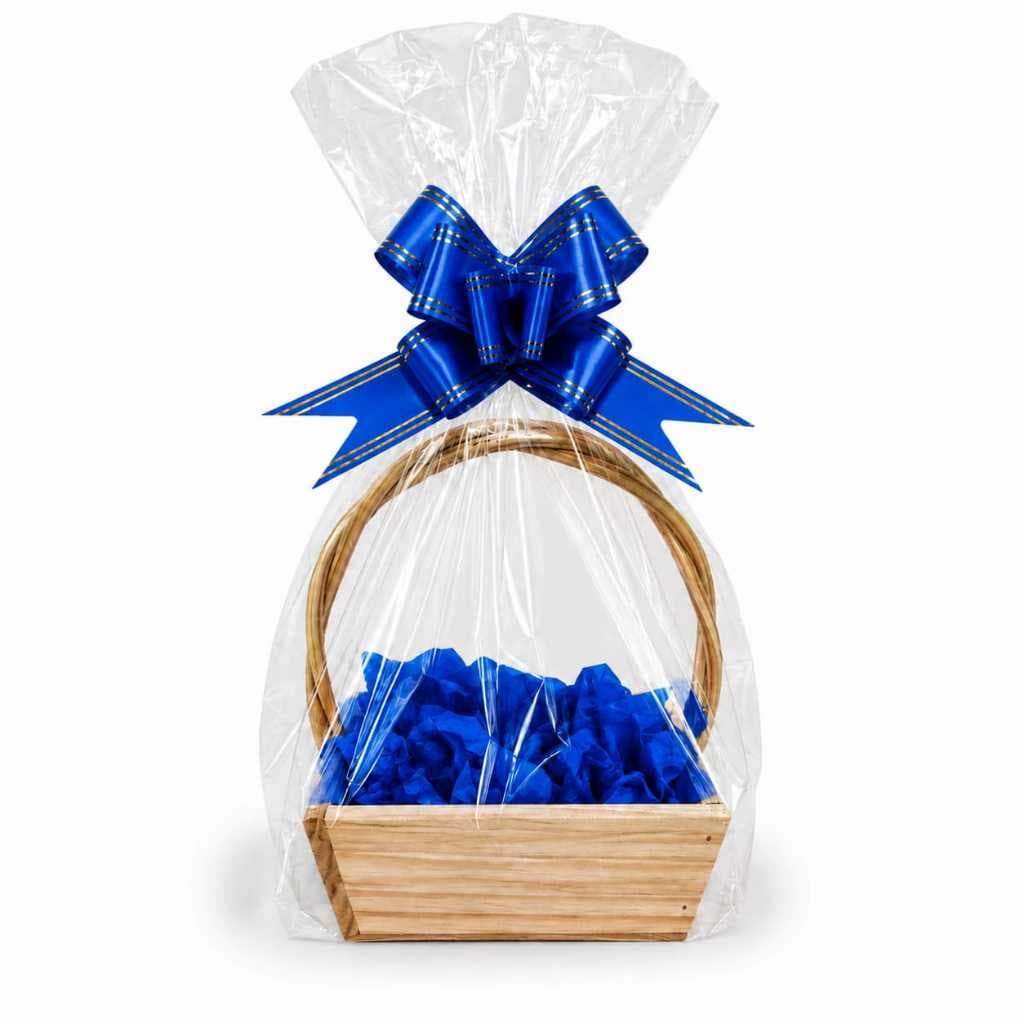 Kit Embalagem para Presente Cesta Madeira Celofane Folha Seda Laço Pronto Caixa para Presentear