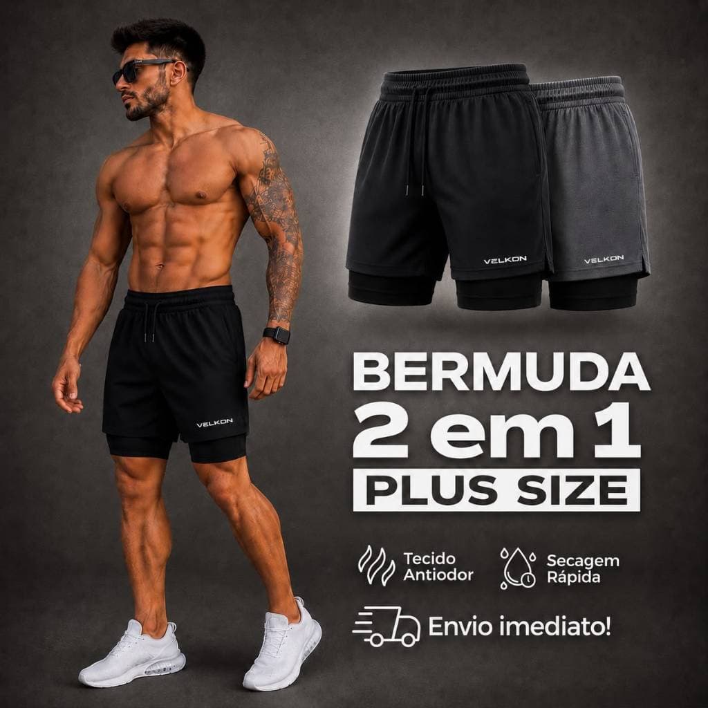 Kit 2 Shorts 2 em 1 Masculinos Plus Size VELKON Secagem Rápida Para Academia e Treino