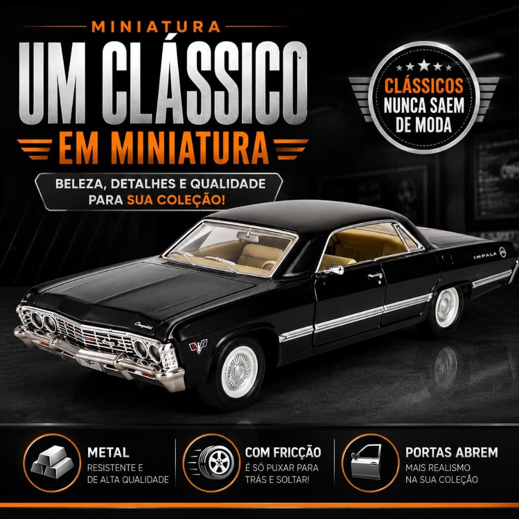 Miniatura Impala Sobrenatural Preto Carro Colecionável de Metal com Portas que Abrem