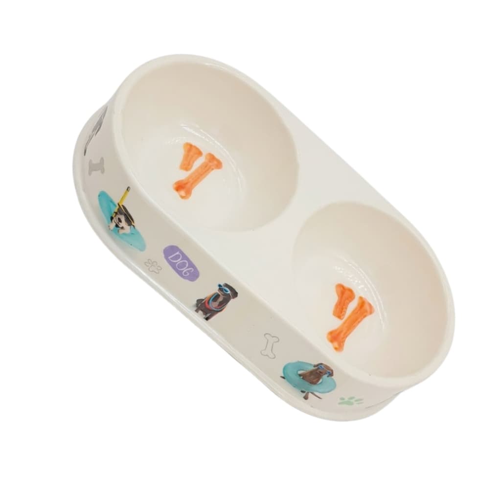 Comedouro Duplo Melamina Tigela Pote Para Cachorro Gato Ração Água Desenhos Variados 30x16cm