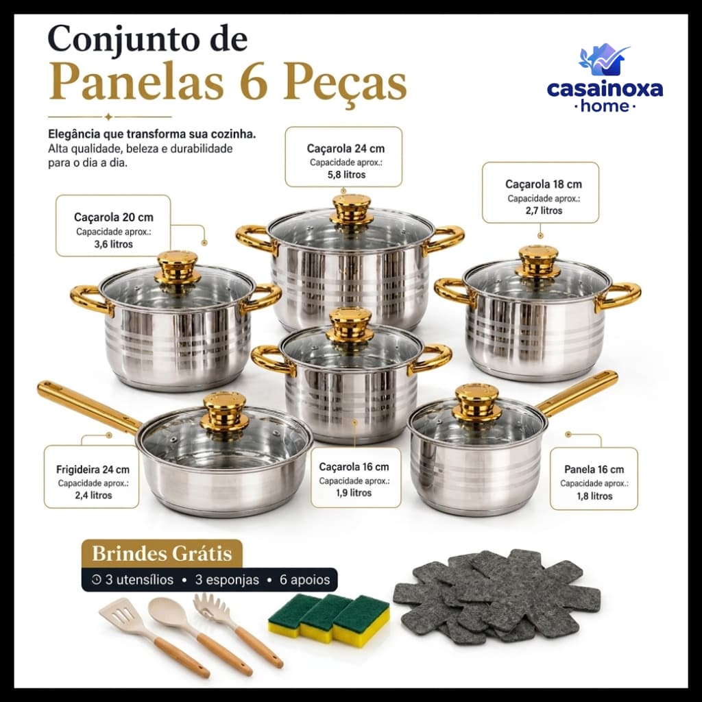Jogo de Panelas 6 Peças Aço Inox com Tampas de Vidro Fundo Triplo