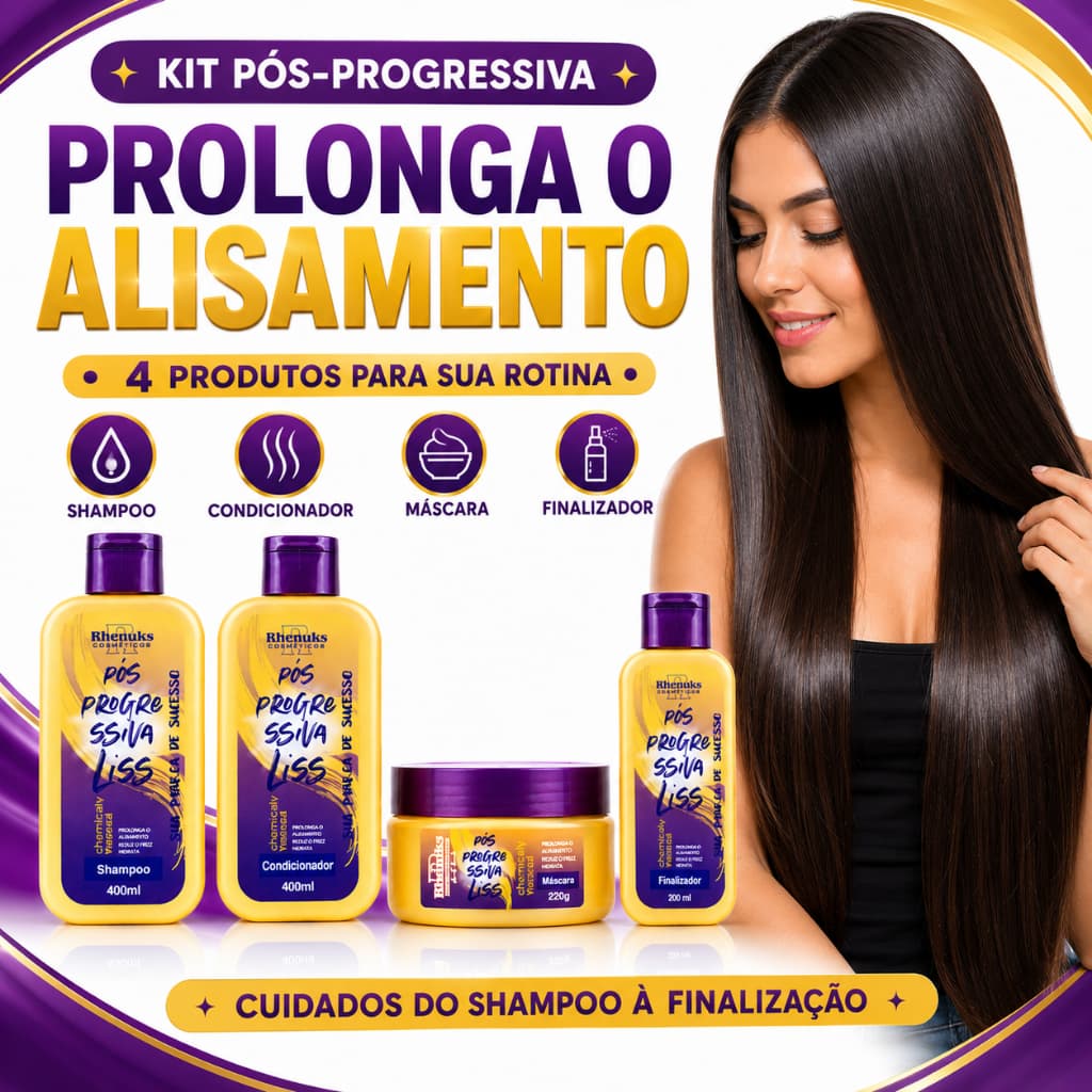 Kit Capilar Pós Progressiva Rhenuks Liss Shampoo Condicionador Máscara e Finalizador 4 Produtos