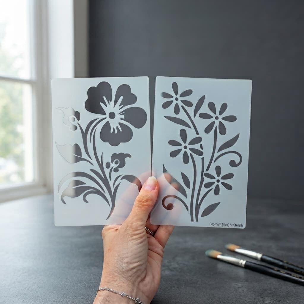 Kit 2 Estêncil Floral 12x8cm Molde para Pintura Artesanato Parede MDF Tecido Decoração 3 Modelos Stencil