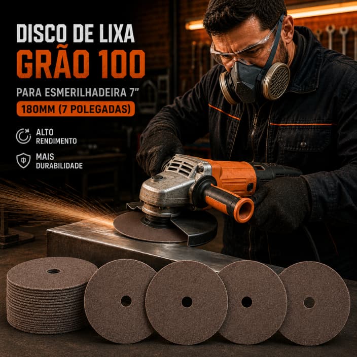 KIT DISCO DE LIXA 180X22MM (7 POL) GRÃO 100 – KIT COM 10, 20, 30, 40 OU 50 UNIDADES