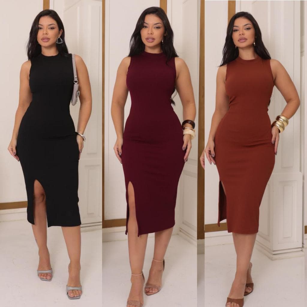 Vestido Feminino Tubinho Midi Com Fenda Lateral Malha Canelada Gola Alta Casual Festa Elegancia