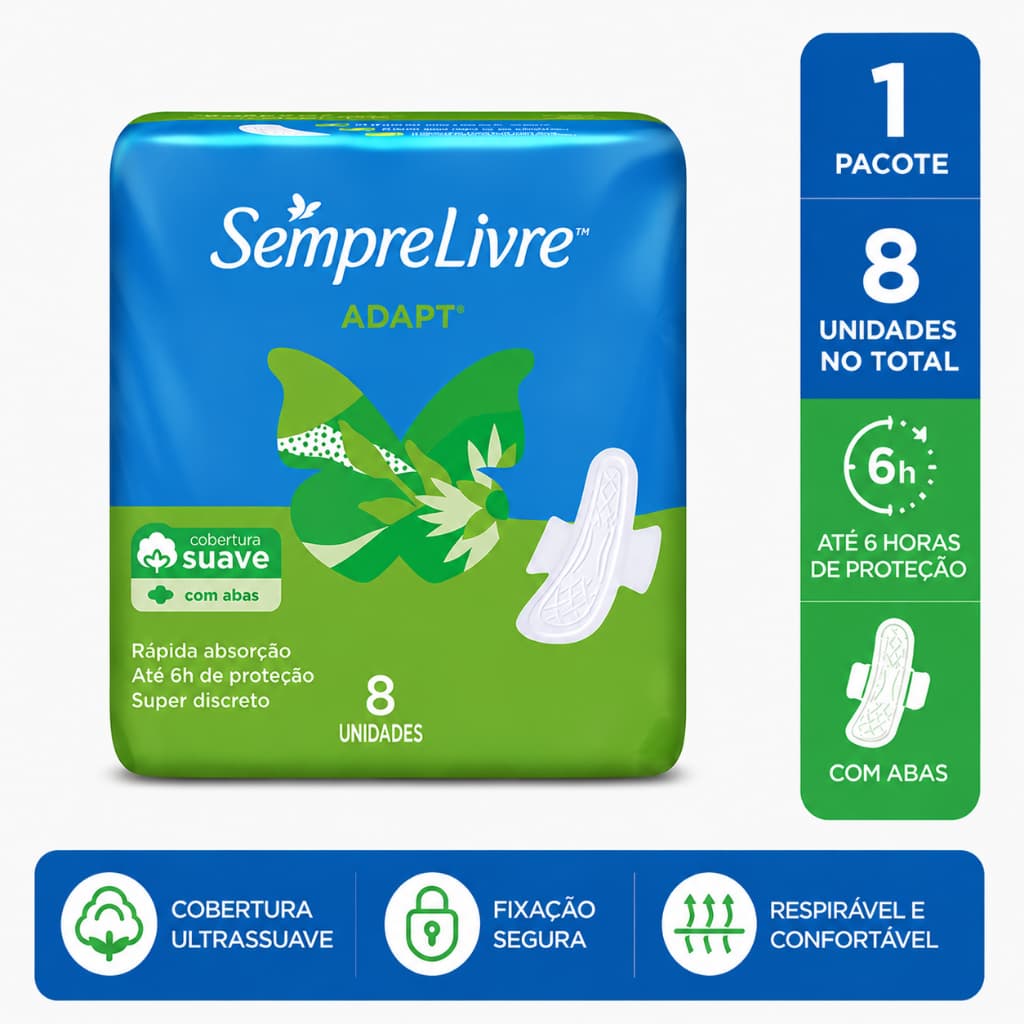 Absorvente Feminino Sempre Livre Adapt Com Abas 8 Unidades Cobertura Suave Fluxo Leve Moderado Até 6h