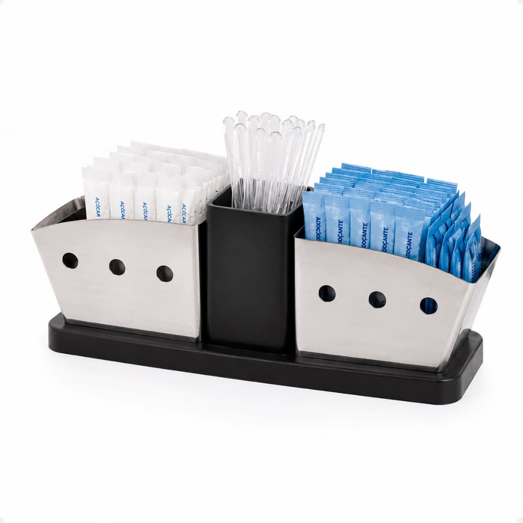 Suporte Porta Sachês 20,5 x 6,5 x 7 cm Aço Inox com Preto Organizador para Açúcar Adoçante Molhos Temperos