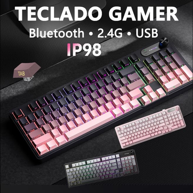 Teclado Gamer Mecânico IP98 RGB Profissional com Fio + Sem fio 2.4G + Bluetooth