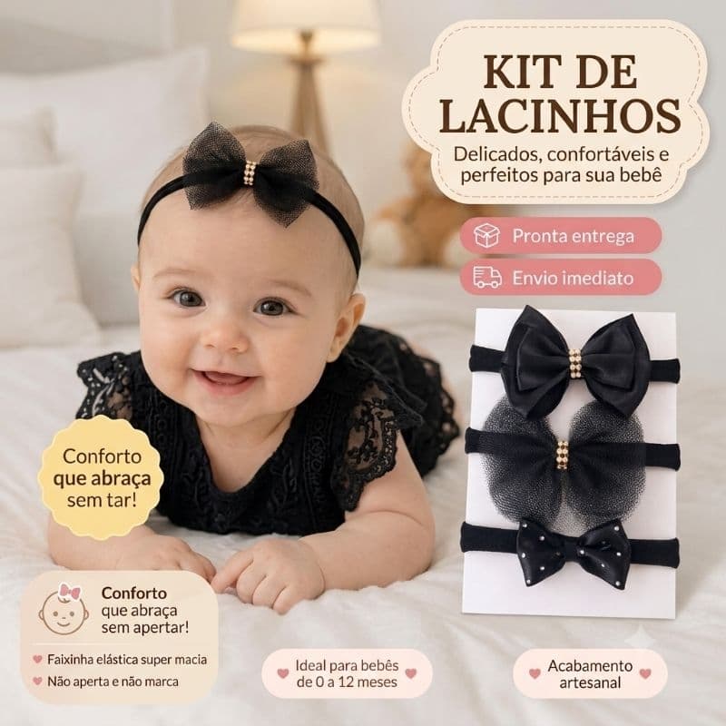 Kit 3 Faixinhas para Bebê Menina Laço Preto Elegante Luxo
