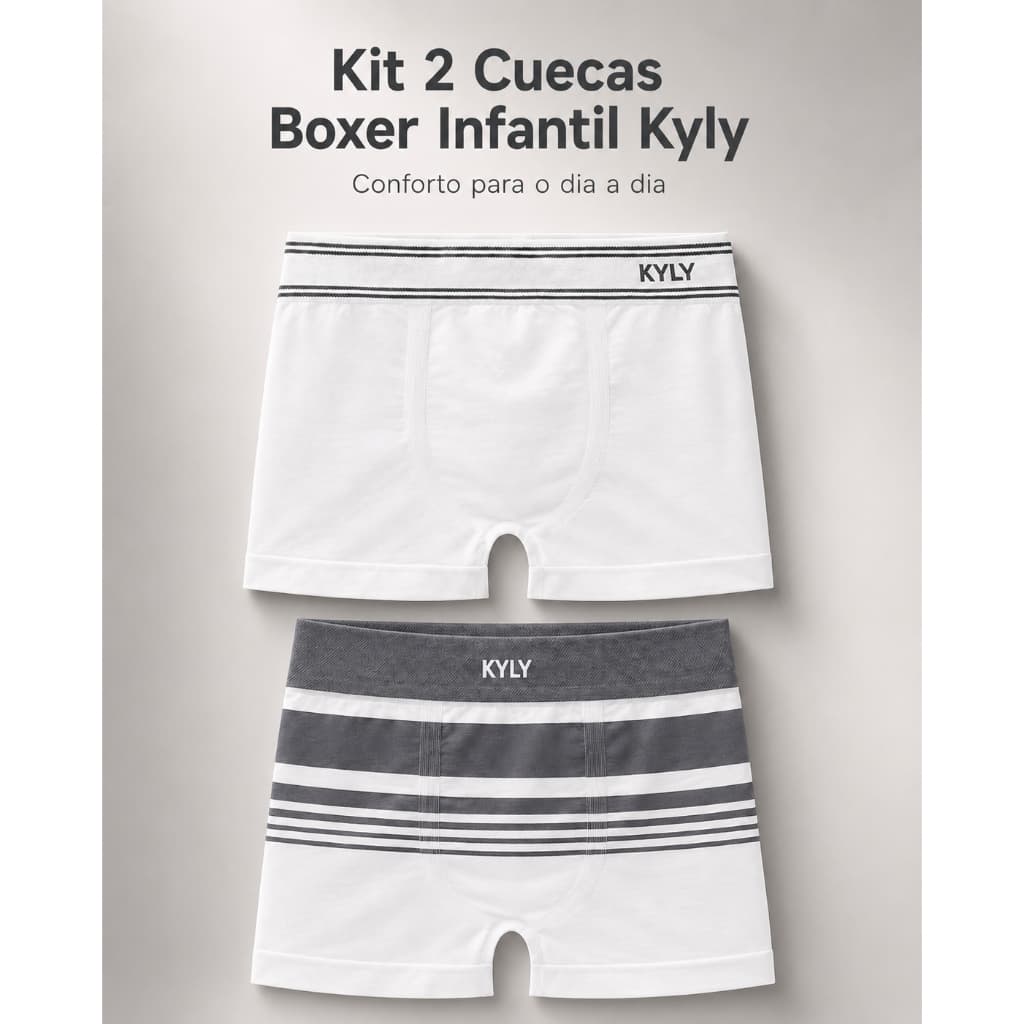 Kit Cueca Branca Infantil Boxer Sem Costura Microfibra 2 Peças Menino Confortável Kyly 1001407