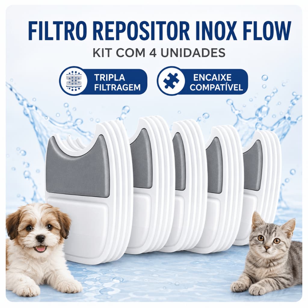Kit 4 Filtros e 4 Esponjas para Fonte Bebedouro Pet Inox Flow Wireless 4L Refil de Reposição