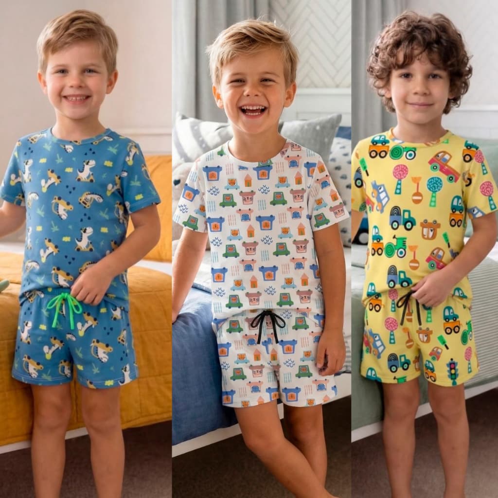 Kit 3 pijamas Infantil Menino Curto em suede Macio Verão personagem Estampado