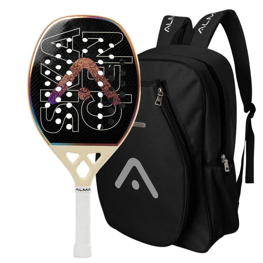Raquete Beach Tennis Skagen 3K Offwhite e Marrom Alma Genius + MOCHILA ALMA OU KIT UPGRADE