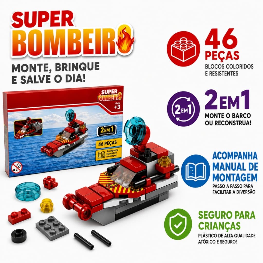 Blocos de Montar INBLOX Super Bombeiro 2 em 1 46 Peças Barco Brinquedo Educativo Infantil