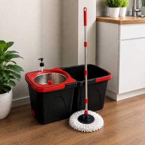 Mop Giratório Duo 360° Powermaid com Balde Duplo e Centrífuga em Aço Inox 12L Para Limpeza Prática e Eficiente
