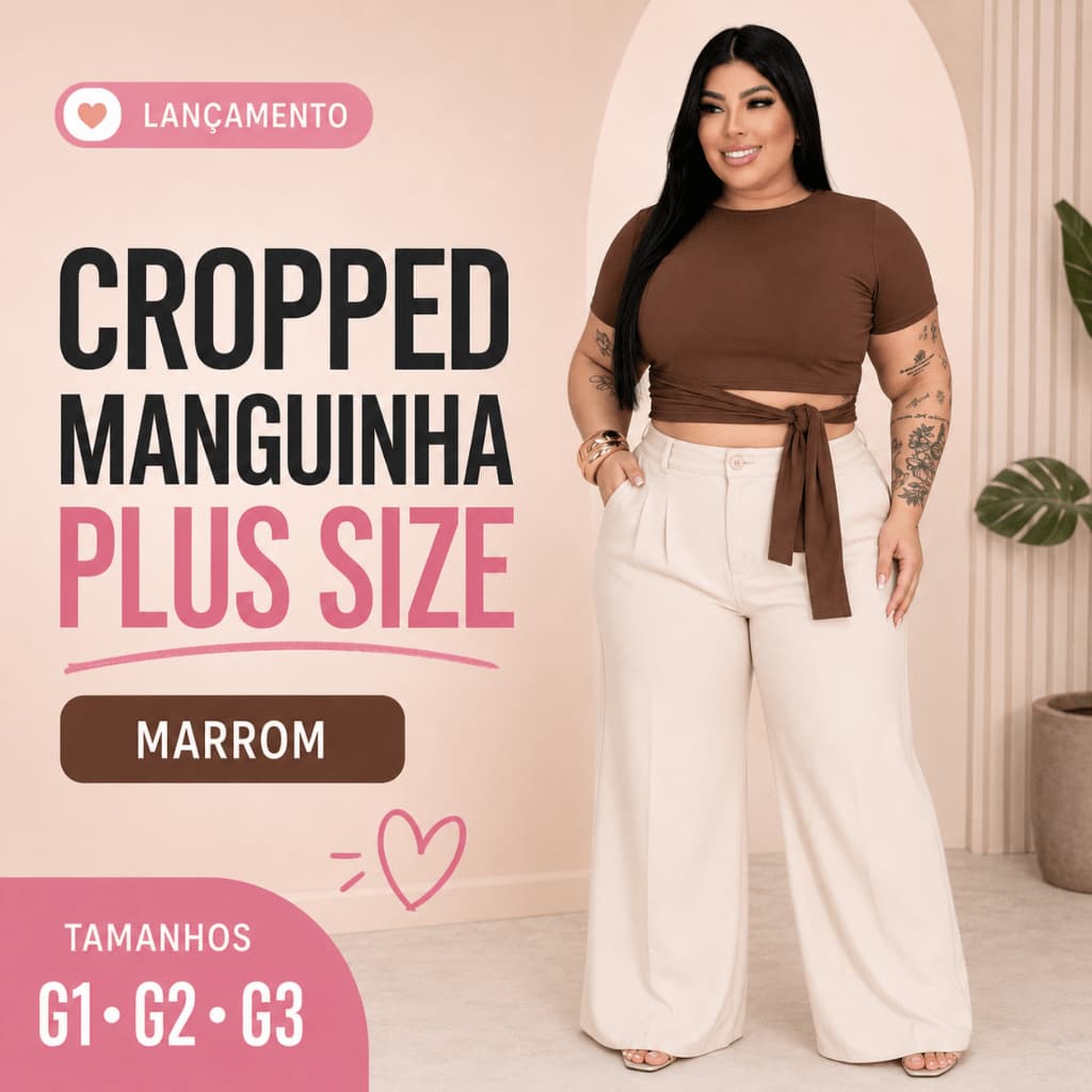 Cropped Feminino Plus Size Manga Curta com Amarração Preto Blusa Moderna Confortável G1 G2 G3 Casual