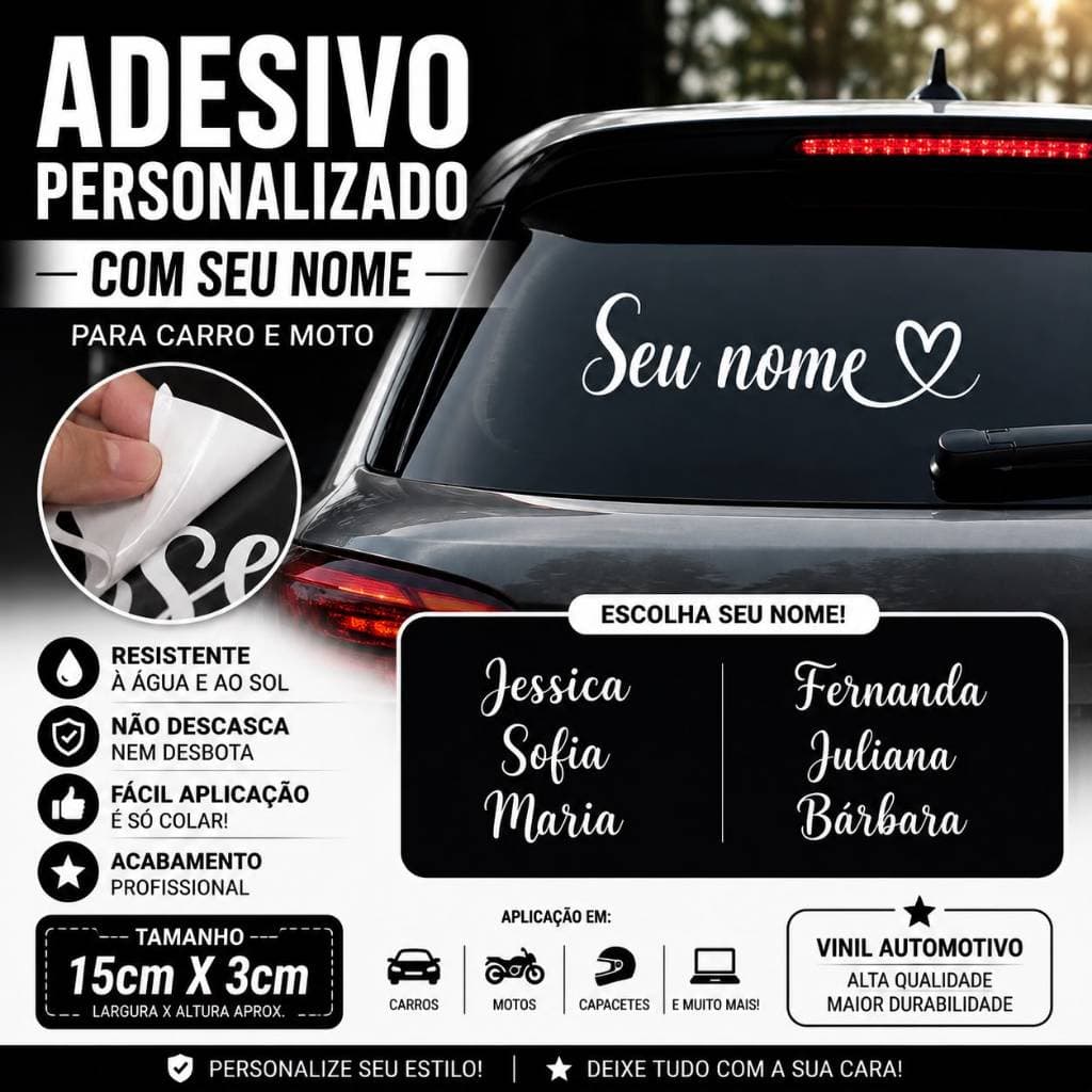 Adesivo Nome Personalizado Carro e Moto - Vinil Automotivo 15 cm X 3 cm