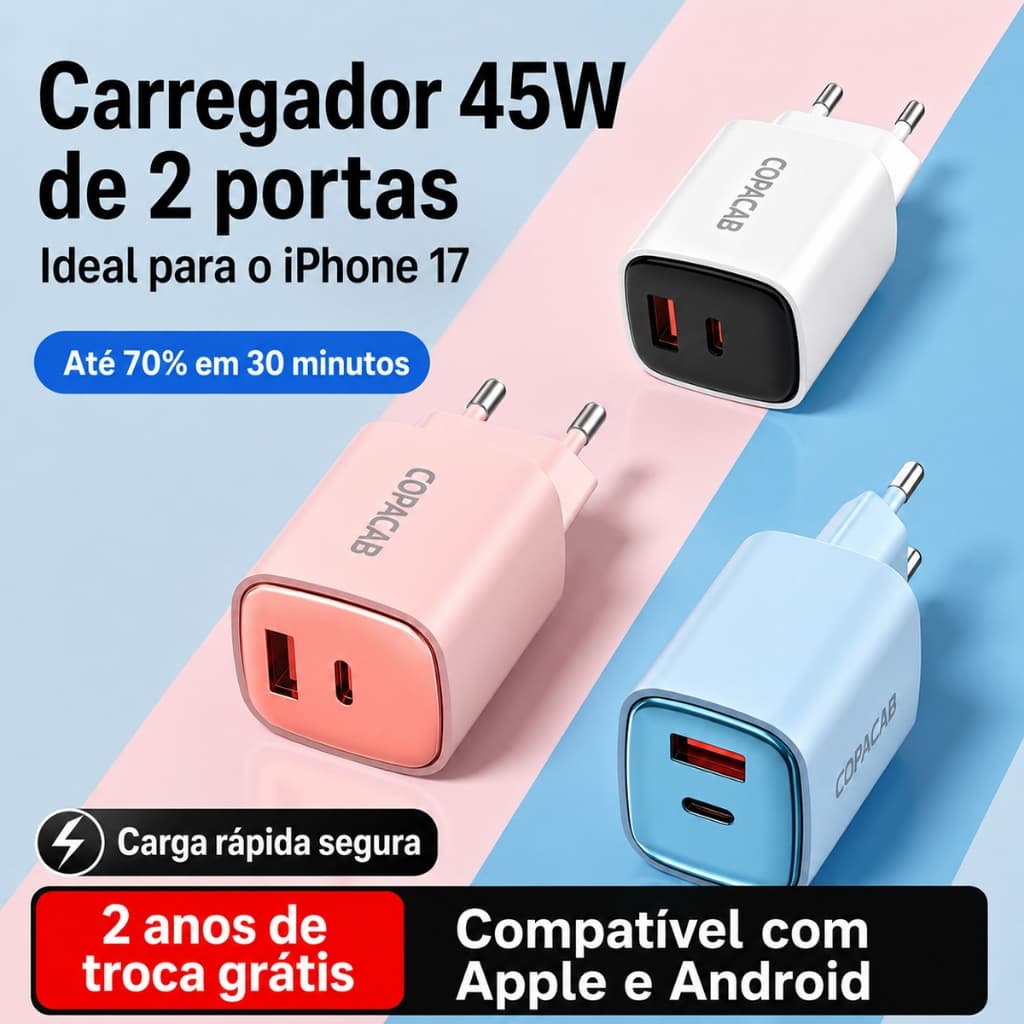 Carregador 45W Duas Portas USB‑A USB‑C Cores Coloridas Compatível iPhone Lightning Android Samsung