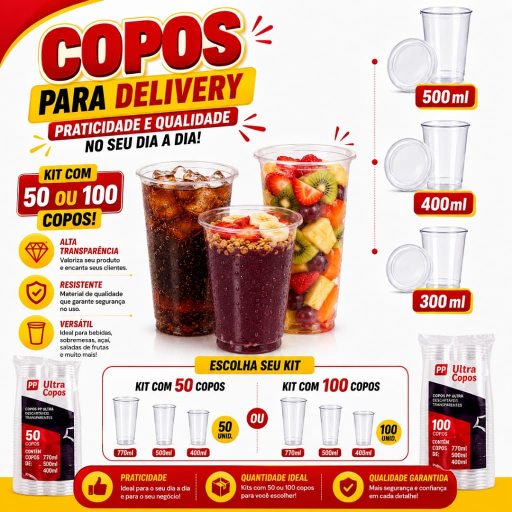 Copo PP Ultra Transparente Com ou Sem Tampa 400ml 500ml 770ml Descartável 50 ou 100 Unidades