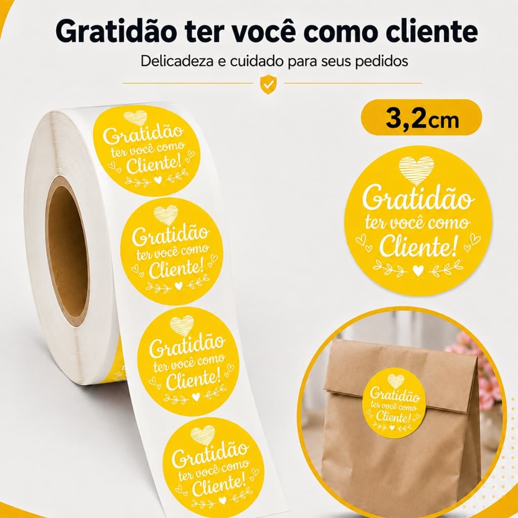 1000 Adesivo Gratidão ter você como cliente Etiqueta Colorida Redonda 3cm