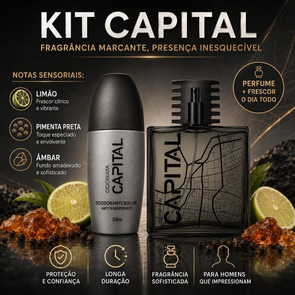 Kit Capital Perfume Masculino E Desodorante Roll-On Antitranspirante Fragrância Amadeirado Aromático Odorata