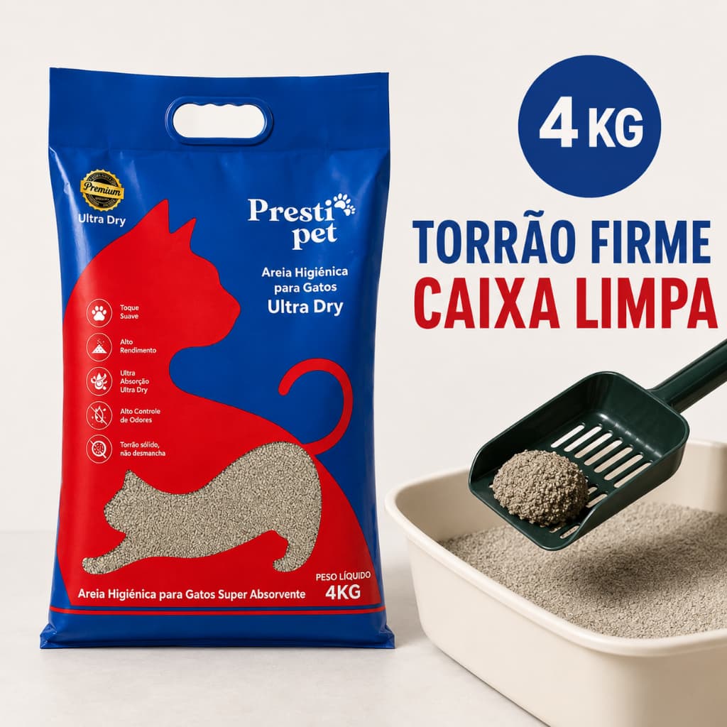 Areia Higiênica para Gatos Ultra Dry 4kg Forma Torrão Firme Controle de Odores Presti Pet