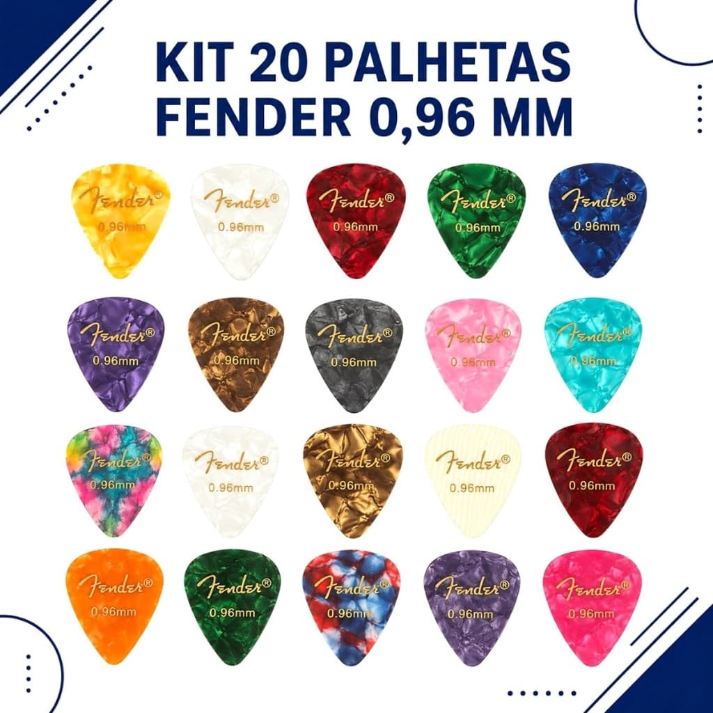 Kit 20 Palhetas Fender 0,96mm para Violão Guitarra Baixo Ukulele Cavaco Cores Sortidas