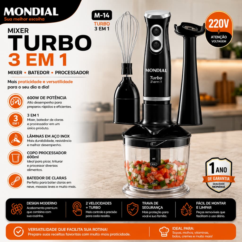 Mixer 3 em 1 Mondial M-14 Turbo 400W Processador Batedor e Mixer 220V Preto