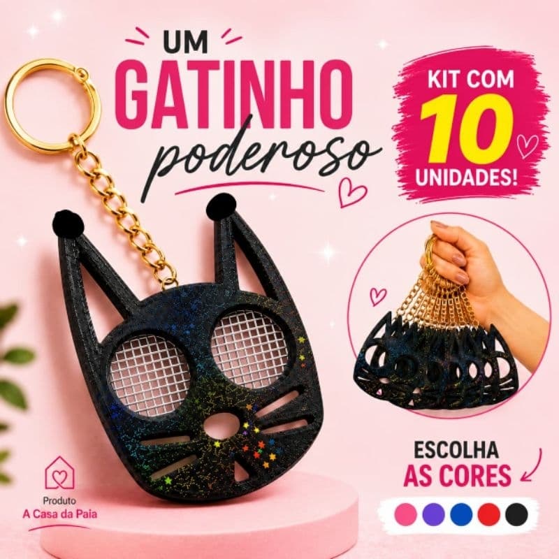 Kit 10 chaveiros gatinho multiuso com chaveiro prata ou dourado - diversas cores