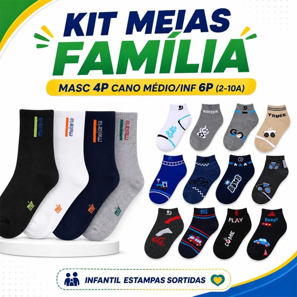 Kit Meias Família Algodão Misto, Masc 4P Cano Médio(41‑47), Infantil 6P(2‑10a), Estampas Sortidas, Vendido só em Kit