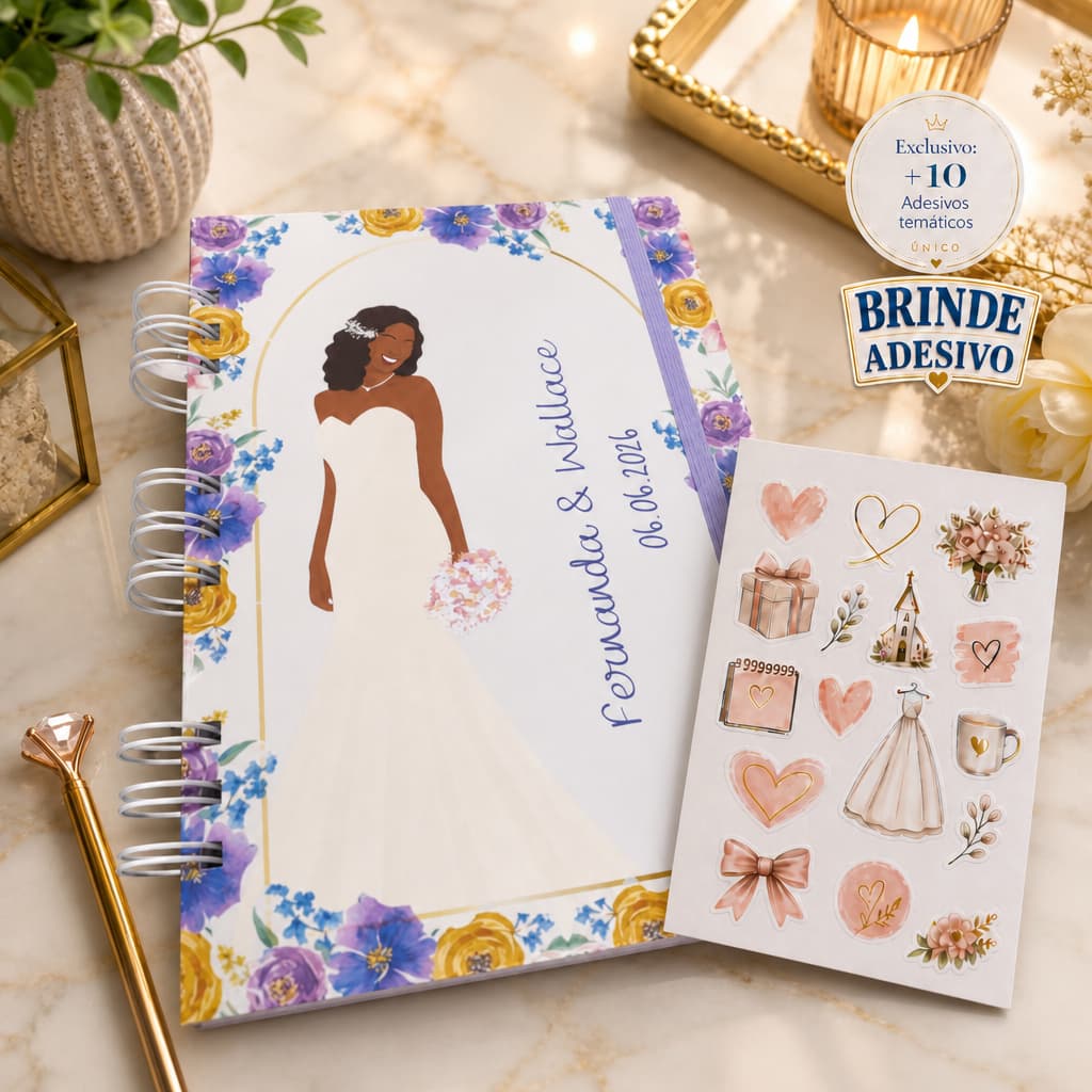 Planner da Noiva Negra Lilás Agenda Casamento 216 Páginas mulher mulata Personalizado A5 com 10 adesivo no tema