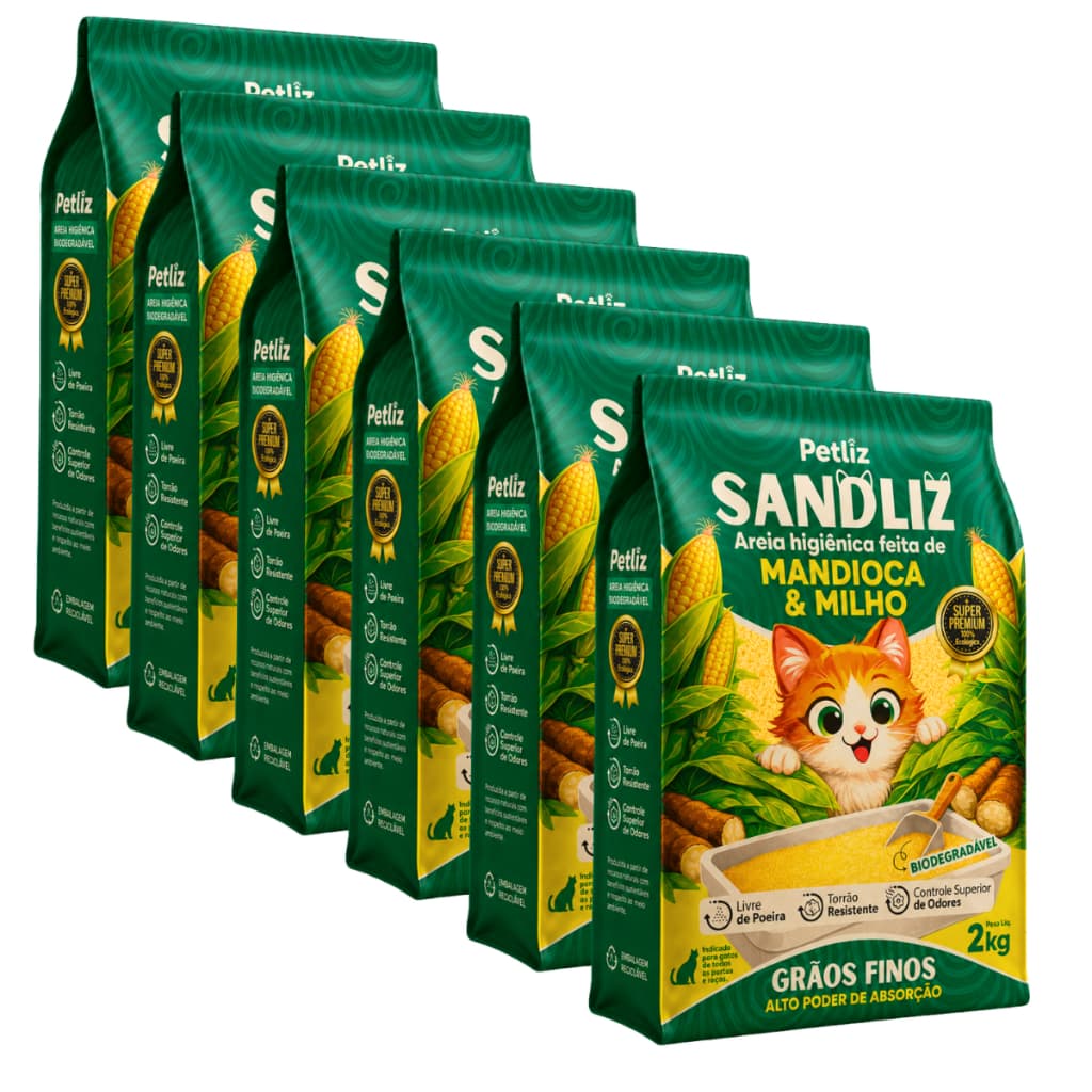Kit 6 Pacotes 2kg Total 12kg Areia de Gato Premium Sem Cheiro Alto Rendimento Sem Poeira Grãos Finos Torrão