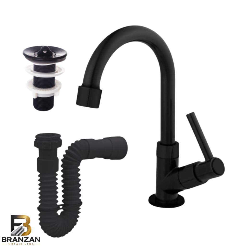 Kit Completo Lavatório Preto Banheiro Torneira Preta + Válvula 7/8" + Sifão