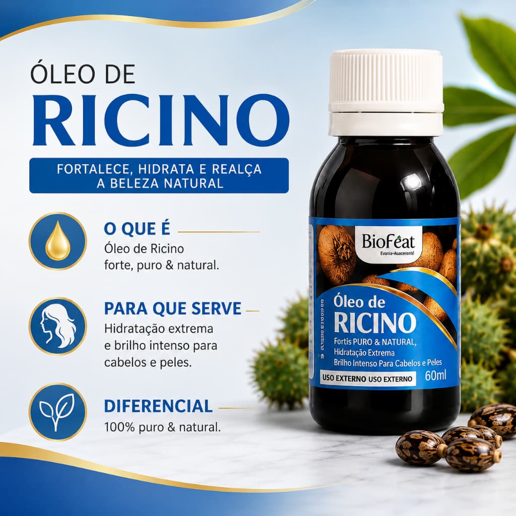 BioFeat Óleo De Rícino 60ml Puro E Natural Hidratação Extrema Brilho Intenso Para Cabelos E Pele