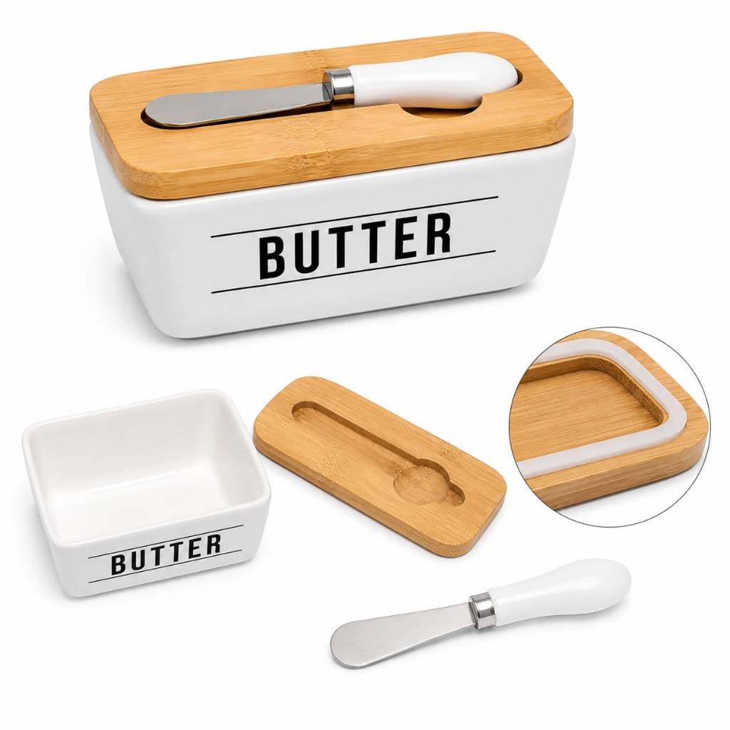 Mantegueira Branca De Porcelana Com Haüskraft Tampa De Bambu E Espátula Porta Manteiga Branco  Bambu Faca mesa posta