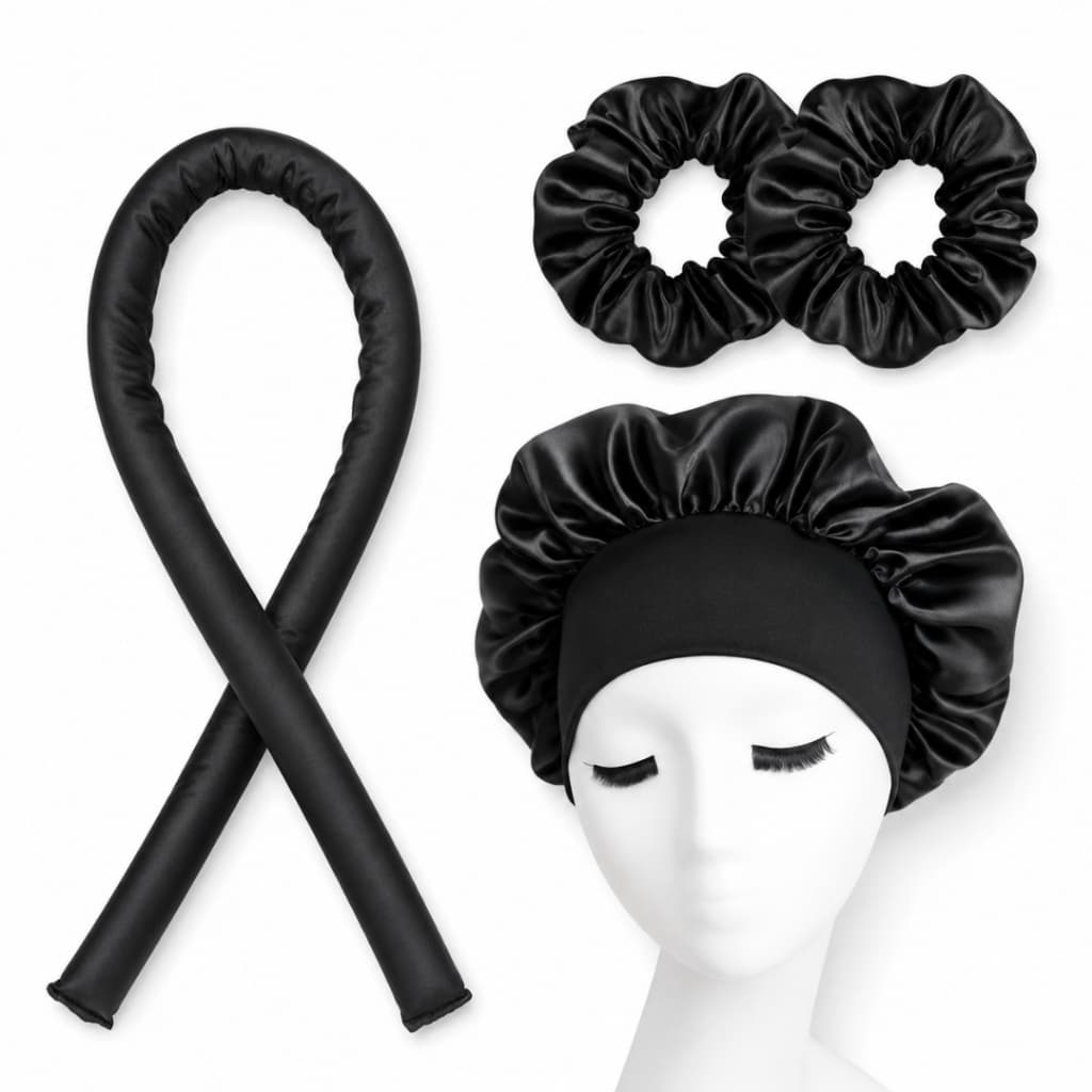 Kit de Cetim Preto Modelador Touca de Cetim com Faixa + Modelador de Cachos + 2 Xuxinhas de Cetim