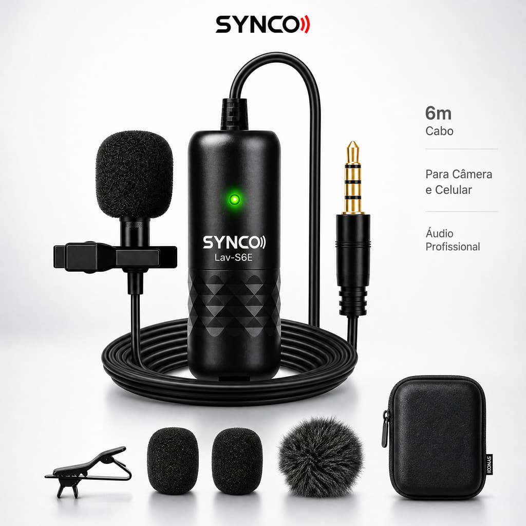 Microfone Lapela XLR Com Fio Omnidirecional 3 Pinos Camera Mesa De Som Podcast Entrevista YouTube SYNCO S6E