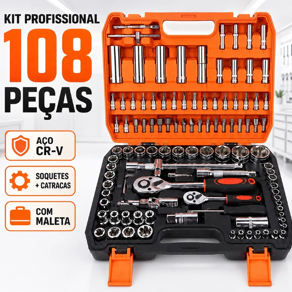 Kit 108/94 Peças Ferramentas CR-V  Chave Soquete e Catraca com Maleta - Multifuncional Profissional
