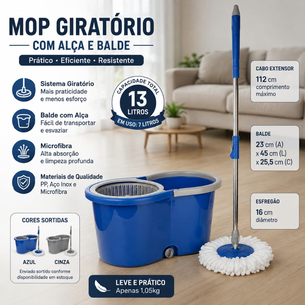 Mop Giratório 13L com Balde e Centrífuga, Esfregão Microfibra 360°, Cabo Extensor