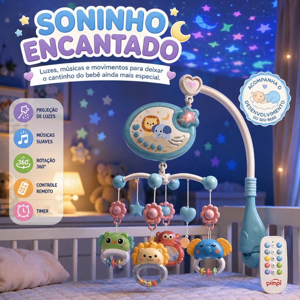 Mobile Musical Berço Infantil Controle Remoto Projetor Luzes Estreladas Rotação 360 Graus