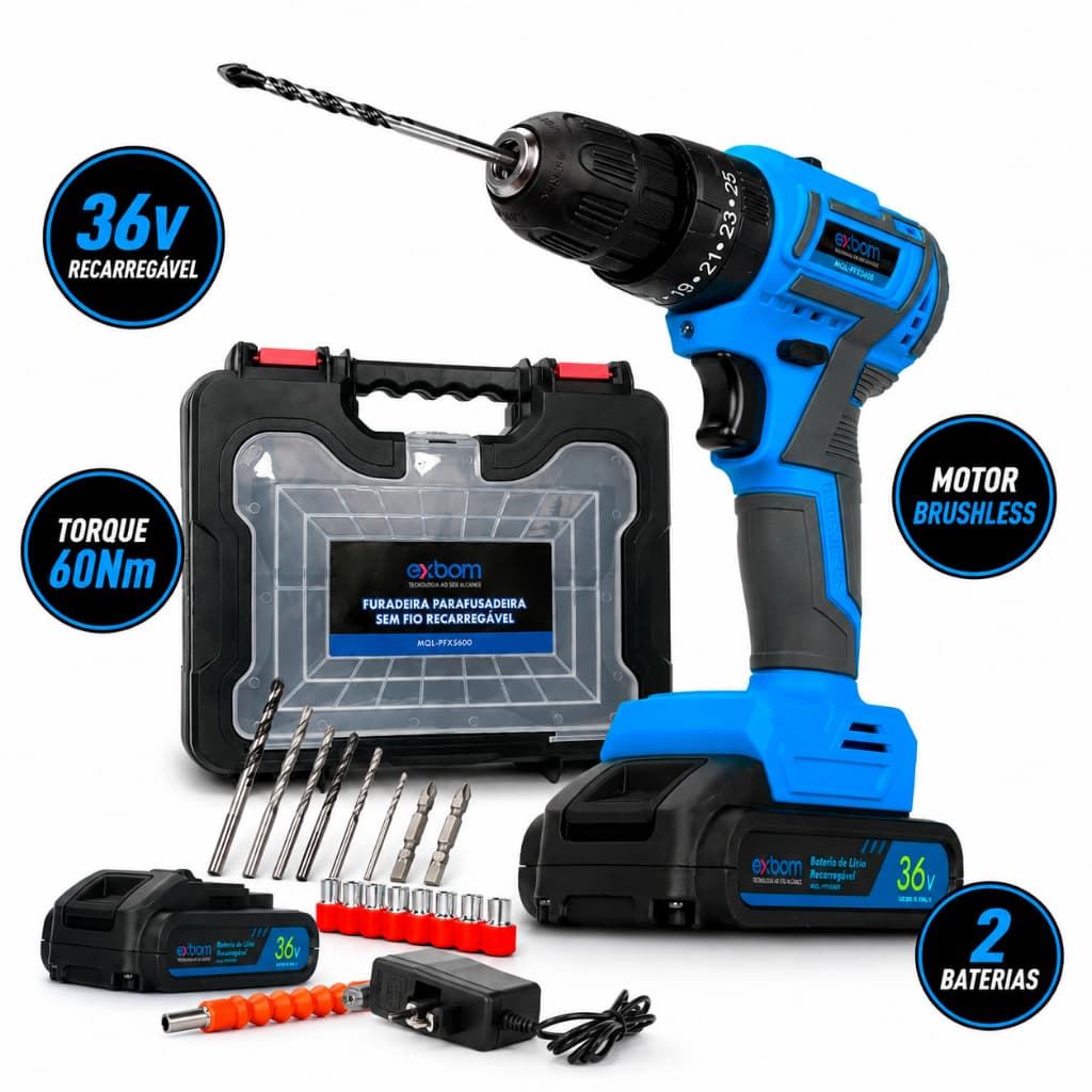 Furadeira Parafusadeira Profissional 36V 60Nm Sem Fio 2 Baterias Kit Brocas Acessórios Maleta Bivolt