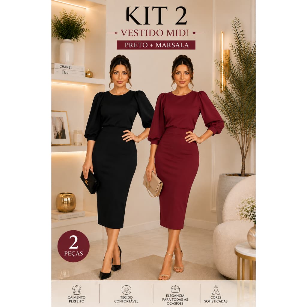 2 VESTIDO MIDI SECRETARIA MANGA BUFANTE 3/4 CREPE MALHA MODA EVANGELICA ELEGANTE SOCIAL LUXO