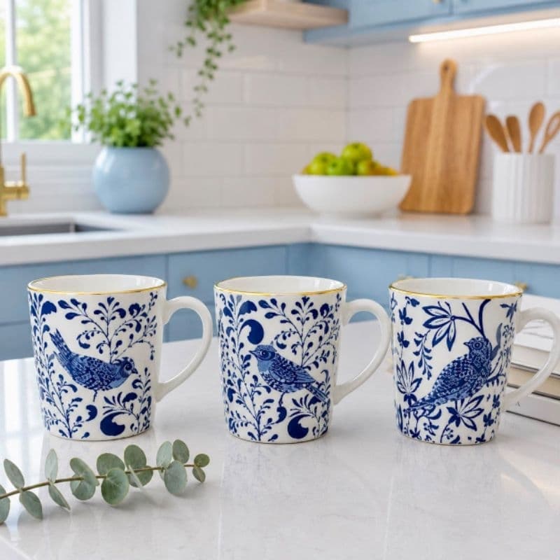 Caneca de Porcelana 520 ml – Estampa Floral com Pássaros