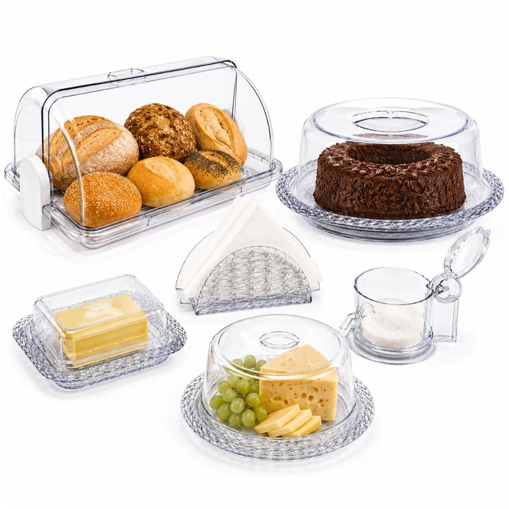 Kit Mesa Posta Café da Manhã Organizador Cozinha Acrílico Boleira Manteigueira Queijeira Porta Pão De Mesa Transparente