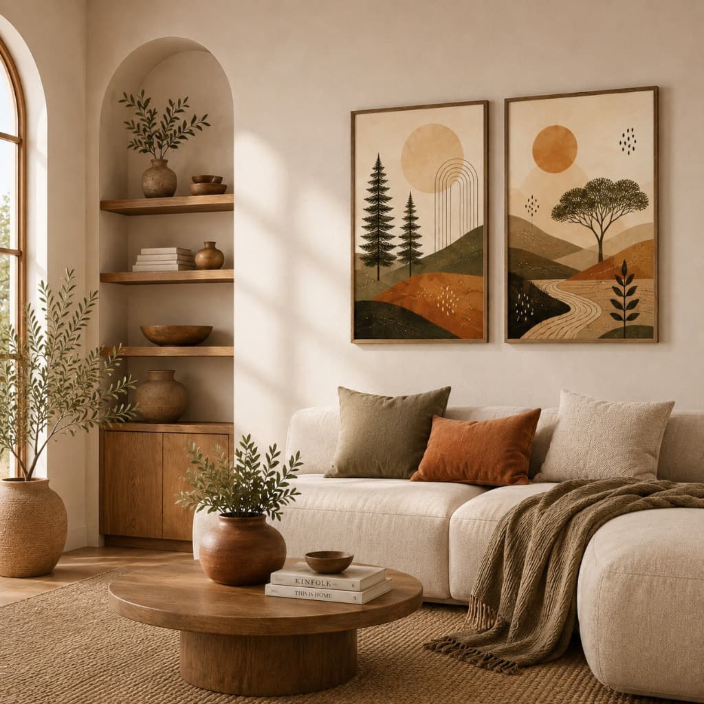Kit 2 Quadros Decorativos Paisagem Boho Tons Terrosos para Sala