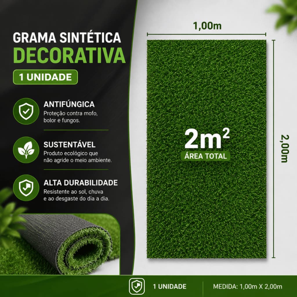 Grama Sintética 12mm ( 2m²) 2,00m x 1,00m Tapete Para Decoração, Jardim e Campo de futebol
